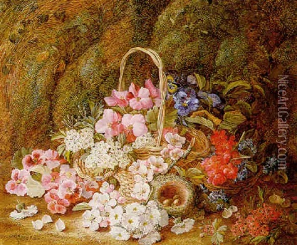Still Life With A Basket Of Blossom, Pansies, And A Birds Nest Oil Painting - Vincent Clare