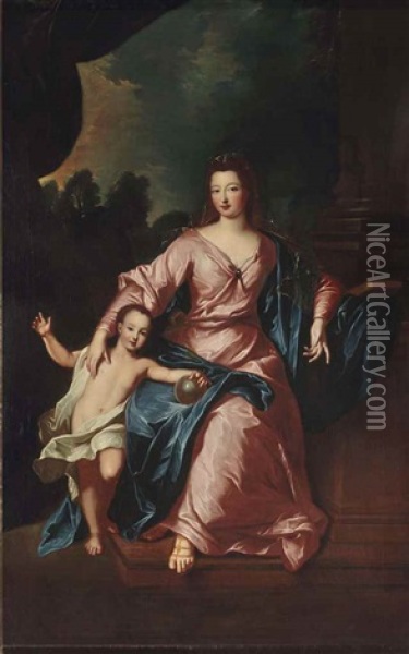Portrait De Madame Francoise-marie De Bourbon (1677-1749) Avec Son Fils Oil Painting - Pierre Gobert