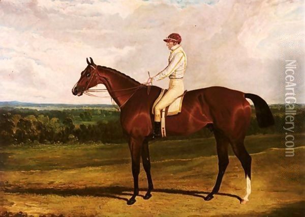 Spaniel, A Bay Racehorse With William Wheatley Up, In A Landscape Oil Painting - John Frederick Herring Snr