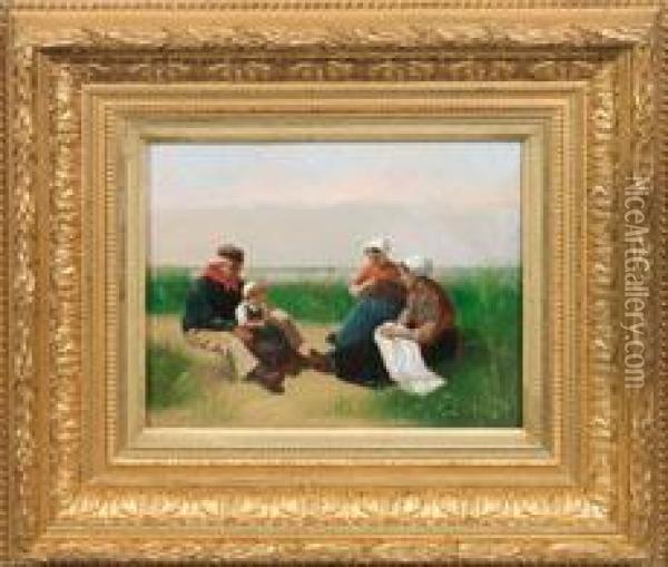 Fischerfamilie Mit Spielendem Madchen In Den Dunen Oil Painting - David Adolf Constant Artz