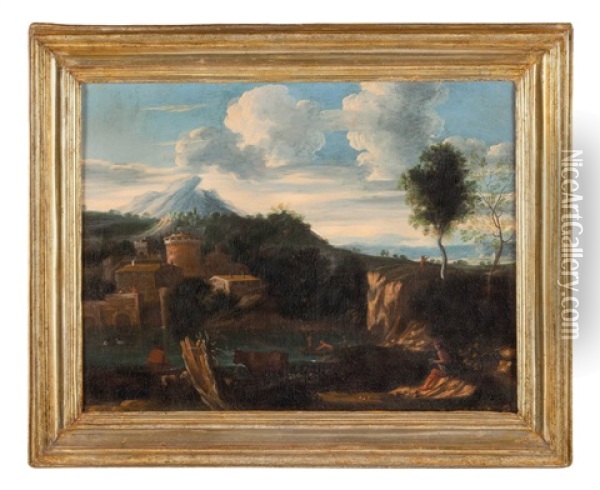 Paesaggio Con Paese Fortificato Oil Painting - Gaspard Dughet