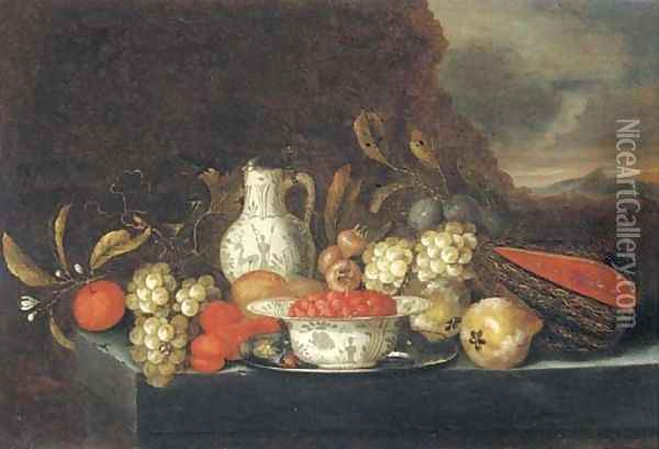 Grapes, plums, figs, pears, peaches, oranges, a melon, a kraak porcelain bow Oil Painting - Jan Pauwel The Elder Gillemans