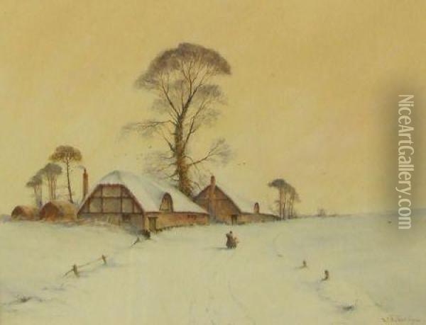 Figures By Old Cottages In Winter Landscape Oil Painting - Walter Baker