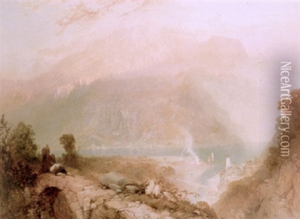 An Extensive View Of A North Italian Lake (lake Como?) Snow-covered Alps Beyond, Supplicants On A Bridge In The Foreground Oil Painting - James Baker Pyne