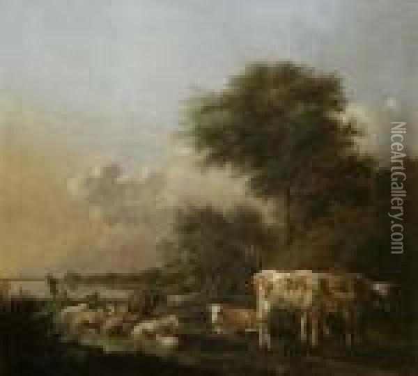 Weidevieh Und Angler In Romantischer Landschaft Oil Painting - Albert-Jansz. Klomp