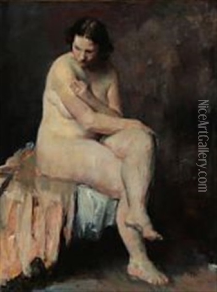 Female Nude Seated On A Bed Oil Painting - Herman Albert Gude Vedel