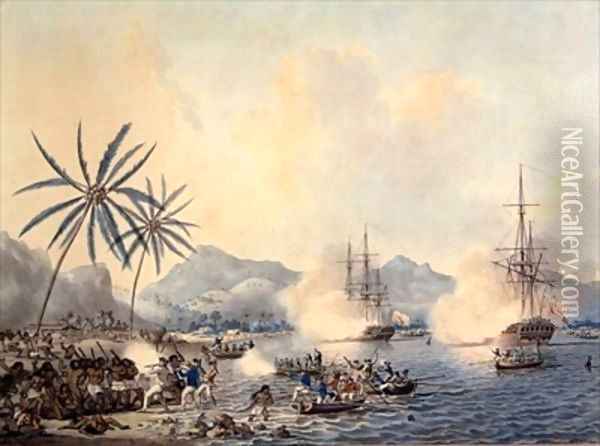 Death of Captain Cook 1728-79 and HMS Resolution and Discovery covering the retreat of the landing party Oil Painting - John the Younger Cleveley