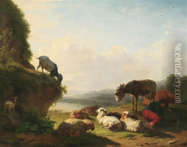 Schlafender Hirte Mit Ziegen, Schafen, Einer Kuh Und Einem Maultier Oil Painting - Balthasar Paul Ommeganck