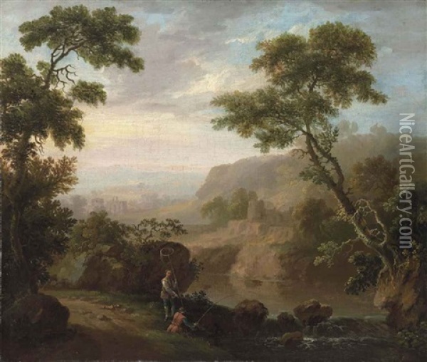 An Italianate River Landscape With Ruins, Anglers On A Bank Oil Painting - George Barrett Jr.