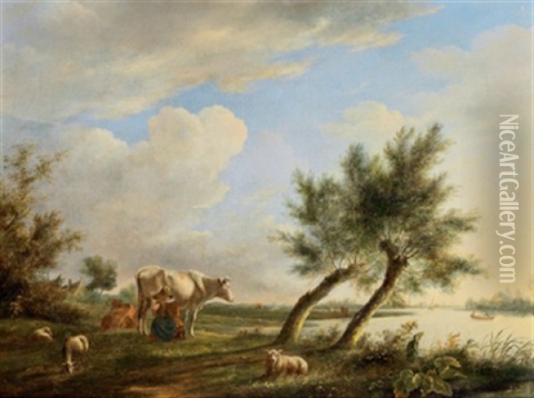 Hollandische Flusslandschaft Mit Hirten Und Herde Oil Painting - Johannes Christiaan Janson