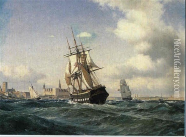 Marine Med Sejlskibe Ud For Kronborg Oil Painting - Carl Johann Neumann