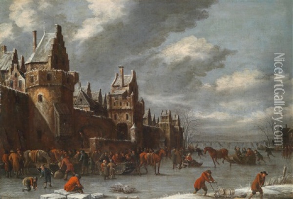 Eine Winterlandschaft Mit Schlittschuhlaufern Oil Painting - Nicolaes Molenaer
