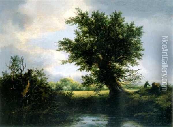 A Pollarded Willow Overhanging A Pool With A Cornfield, A Wood And A Church Spire Beyond Oil Painting - Jacob Van Ruisdael