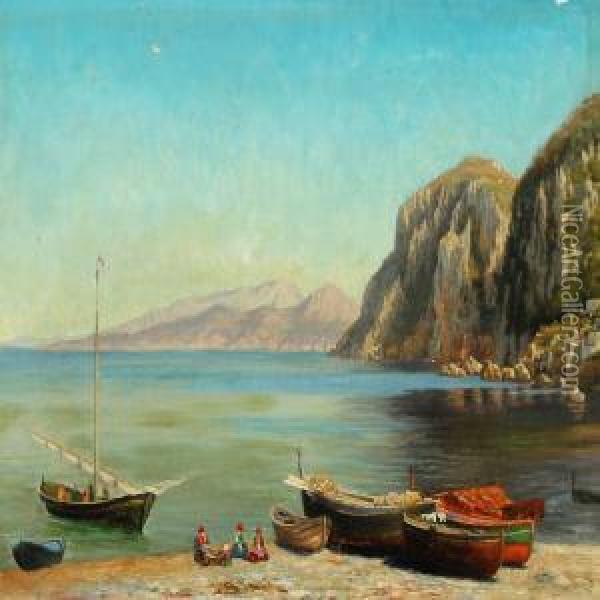 A View From Capri With People On The Beach Oil Painting - Harald Peter W. Schumacher