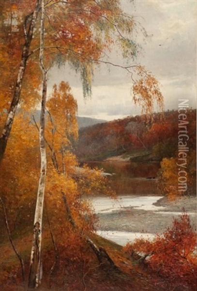 Birches On The Riverbank Oil Painting - Thomas Bunting