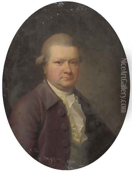 Portrait of a gentleman, half-length, in a maroon coat and yellow waistcoat Oil Painting - English School