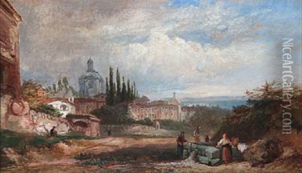 People By Washing Well With A Italian City In The Background Oil Painting - James Baker Pyne