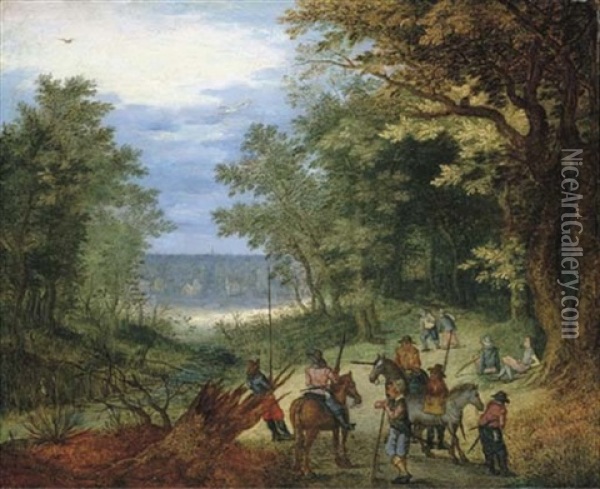 A Wooded Landscape With Soldiers Resting On A Path By A Stream Oil Painting - Jan Brueghel the Elder