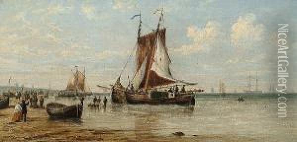 Fishing Boats At Lowtide, With Figures On The Beach Oil Painting - Francis Maltino