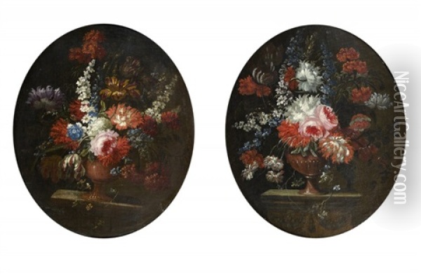 Natures Mortes De Bouquets De Fleurs Sur Un Entablement (pair) Oil Painting - Pieter Casteels III