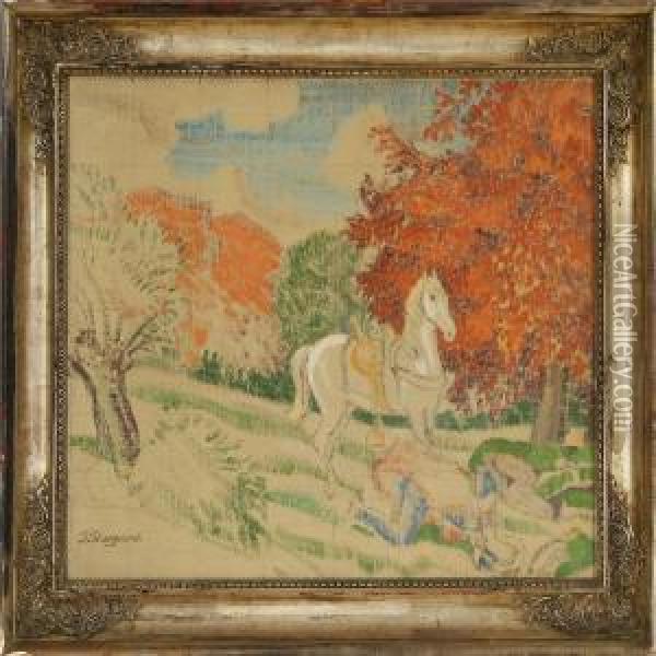 Autumn Forest With Ahorse And A Knight Oil Painting - Joakim Skovgaard