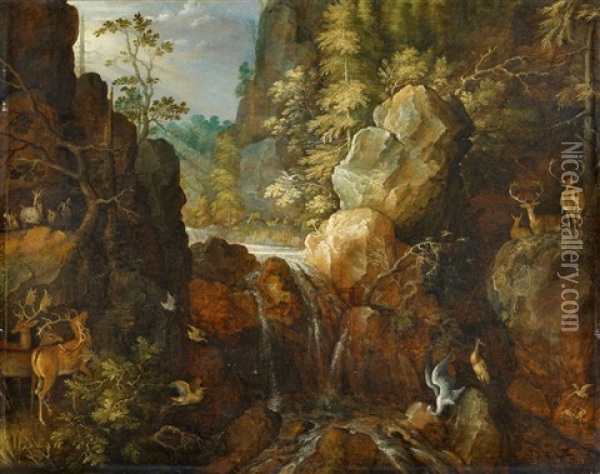 Gebirgslandschaft Mit Storch Und Hirschen Bei Einem Wasserfall Oil Painting - Roelandt Savery