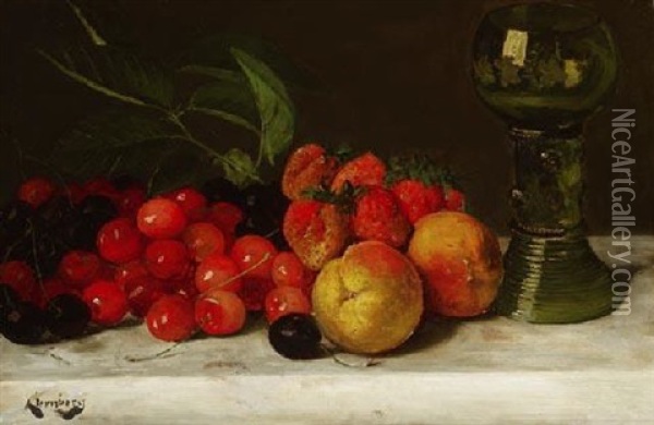 Stilleben Mit Kirschen, Erdbeeren Und Pfirsichen Bei Einem Romer Oil Painting - August Jernberg