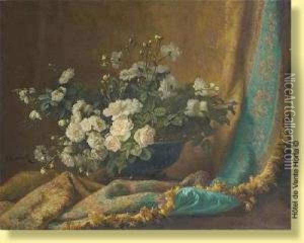 Composition Aux Roses Sur Fond De Tapisserie Oil Painting - Jean Capeinick