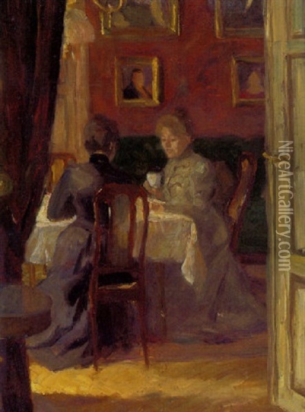 Kaffeestunde - Zwei Damen Im Salon Am Tisch Oil Painting - Philipp Klein