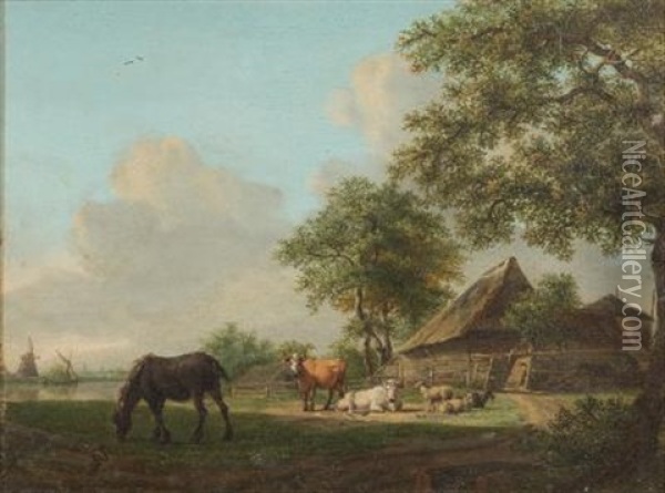 A Farmstead Scene; Horse, Cattle, Sheep And A Goat In The Foreground, View To A Farm, A Barge And Windmills Beyond Oil Painting - Pieter Gerardus Van Os