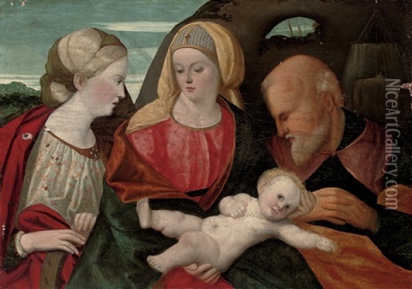 The Holy Family With Saint Catherine Of Alexandria Oil Painting - Francesco Di Simone Da Santacroce
