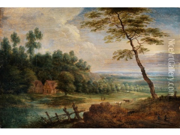 Hugelige Landschaft Mit Gehoften Zwischen Baumen Und Figurenstaffage Oil Painting - Lucas van Uhden