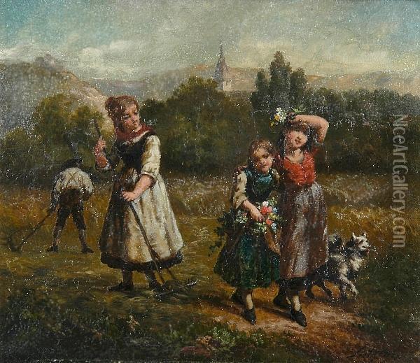 Children With Flowers In The Harvest Field Oil Painting - Charles Augustus Henry Lutyens