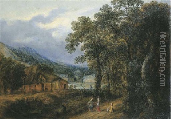 A Wooded Landscape With Figures On A Path, Farmhouses Beyond Oil Painting - Gillis Neyts