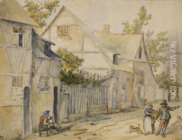 A Village Street, With A Family 
Of Peasants To The Right, And Another Seated To The Left, Drinking Oil Painting - Cornelis Dusart