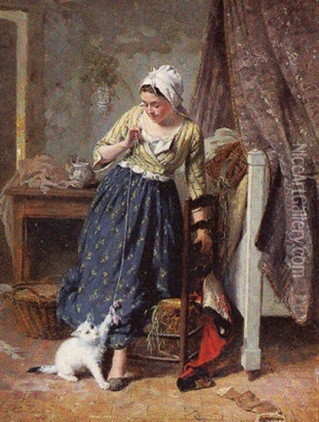 Madchen Im Schlafzimmer Mit Ihrer Katze Spielend Oil Painting - Pierre Jean Edmond Castan