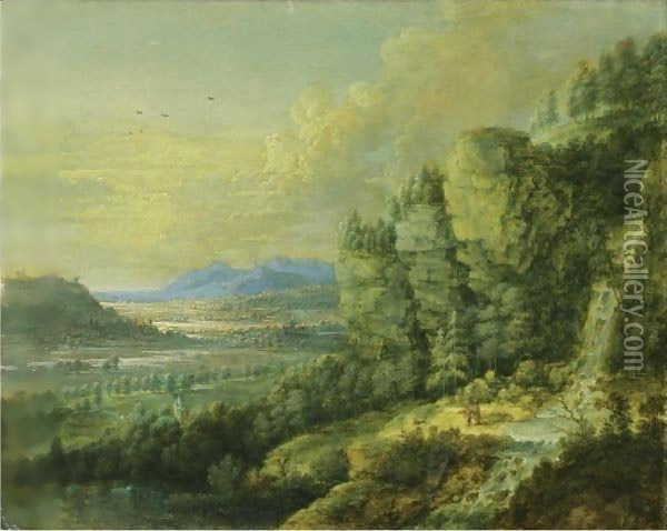 An Extensive Landscape With A Waterfall Oil Painting - Lucas Van Uden