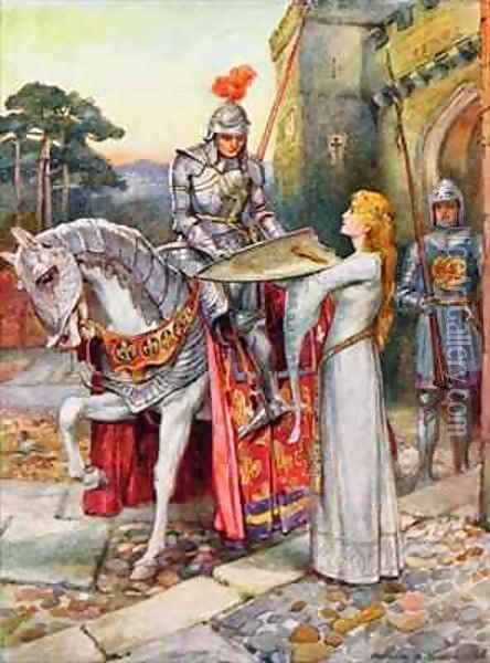 Sir Lancelot Gives his Shield into Elaines Keeping Oil Painting - Arthur A. Dixon