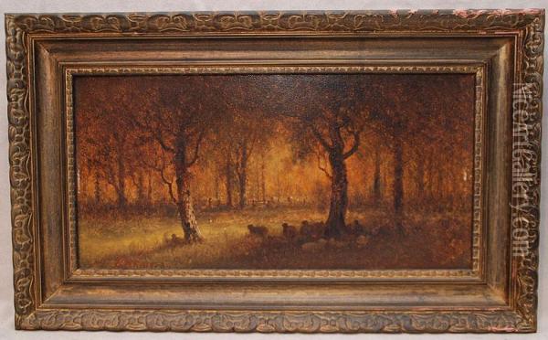 Sheep In Illuminated Forest Oil Painting - George W. King