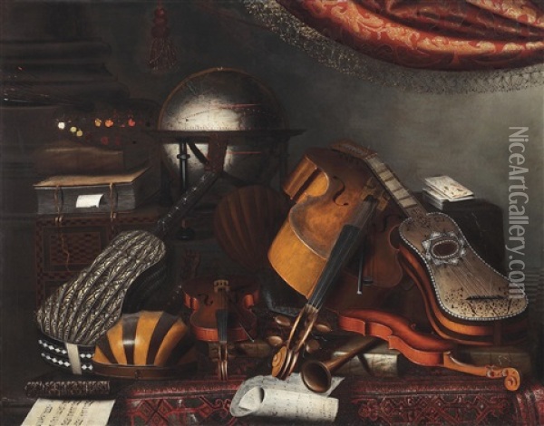 Musikinstrumente, Ein Globus, Bucher, Spielkarten Und Eine Malerpalette Oil Painting - Bartolomeo Bettera