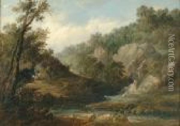 Rocky Country Landscape With A River And Encampment In The Foreground Oil Painting - Alfred Vickers