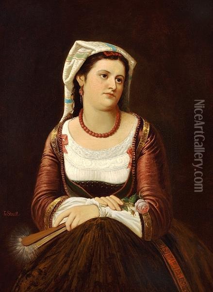 A Young Italian Girl Holding A Pink Rose Oil Painting - Franciszek Streitt