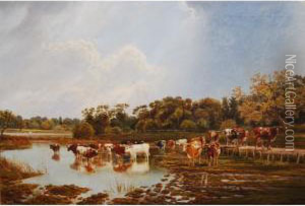 An Extensive Rural Landscape With Cattle At Water Oil Painting - John MacPherson