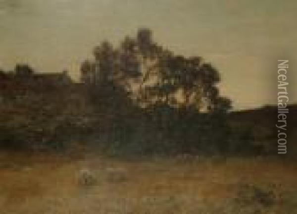 Sheep Grazing In A Landscape, A Farmstead Beyond Oil Painting - Alexander Kellock Brown