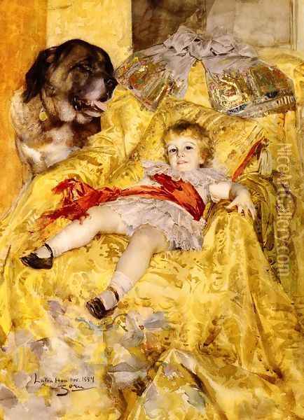 A Portrait Of Christian De Falbe With A Saint Bernard At Luton Hoo Oil Painting - Anders Zorn