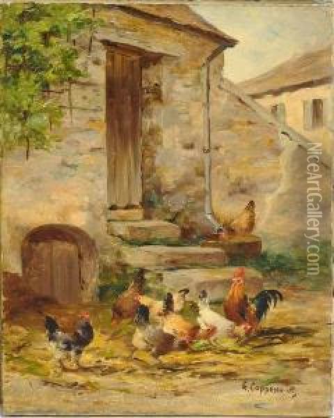 Coqs Et Poules Devant Une Porte De Ferme. Oil Painting - Edmond Van Coppenolle