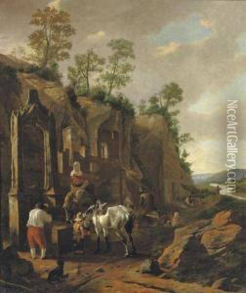 An Italianate Landscape With Peasants By A Well Near Ruins Oil Painting - Jan Asselyn