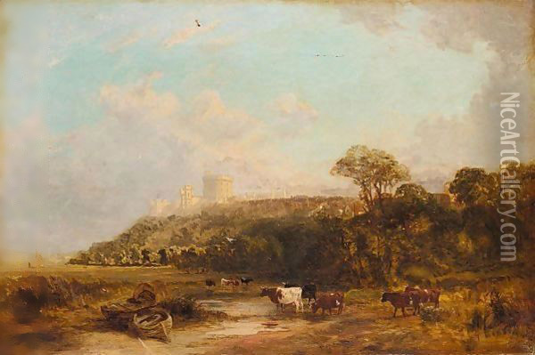 Cattle Watering With Windsor Castle In The Background Oil Painting - George Vicat Cole