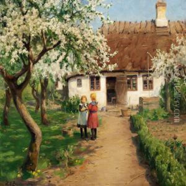 Two Little Girls In A Flowering Garden Oil Painting - H. A. Brendekilde