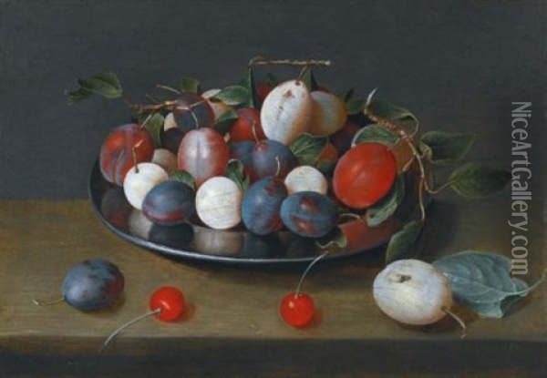 Still Life Of Plums On A Plate, With Cherries On The Ledge Beside Oil Painting - Jacob van Hulsdonck